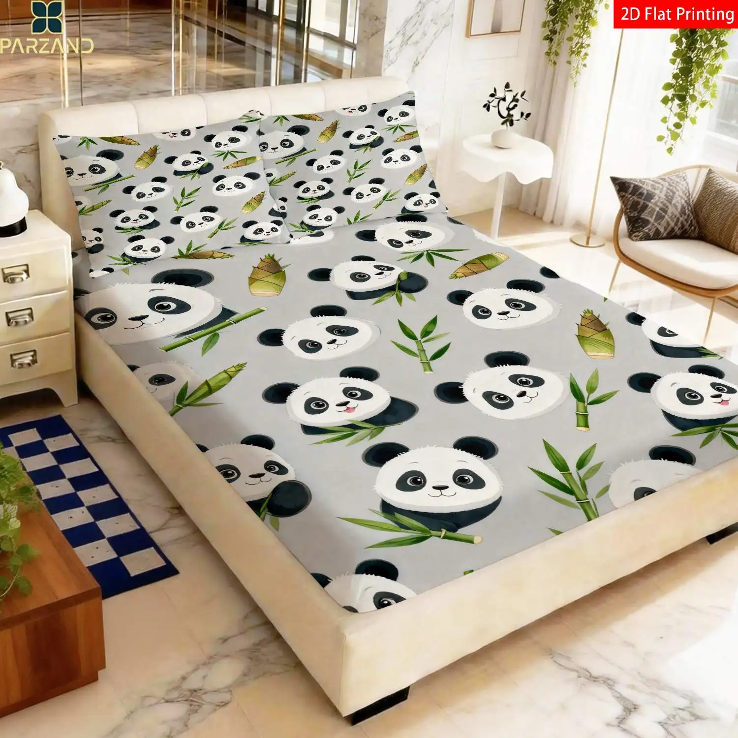 3-Piece Mattress Protector Set, 2D Flat Printed Fitted Sheet, Fitted Sheet with Panda and Bamboo Print, Bedding for Bedroom Decoration, Home Bedroom Decor, Holiday-Themed Fitted Sheet and Pillowcase, Mattress Protector, Stain-Resistant, Mattress Cover Suitable for All Seasons, Machine Washable, Easy to Care For, Suitable for Home Bedroom Use, Essential for Dormitories and Rentals, Master Bedroom and Guest Room Decoration, Dust-Proof and Stain-Resistant, High Elasticity, Fits Various Sizes