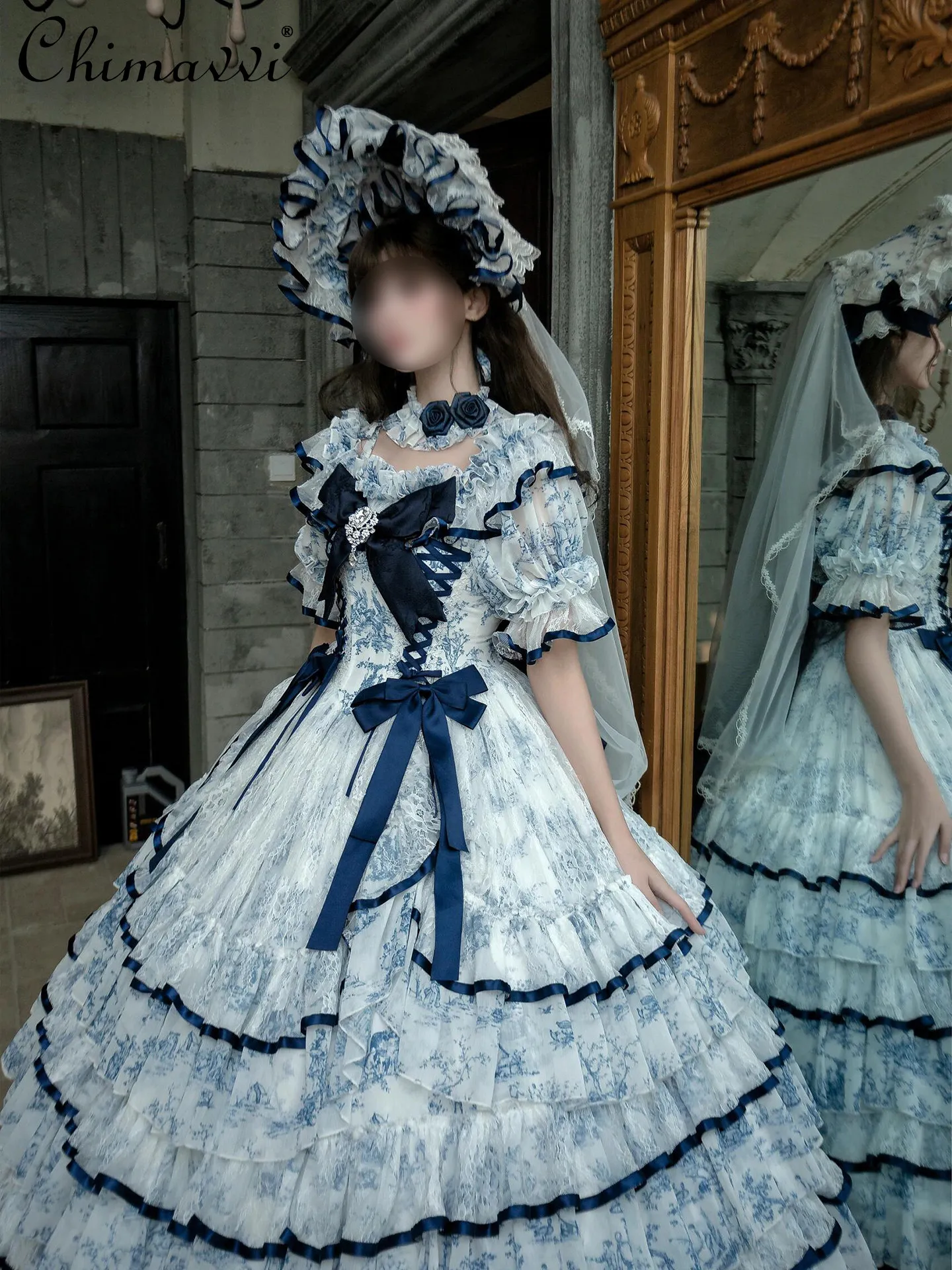 

Lolita Floral Wedding Party Adult Ceremony Evening Dress Sweet Bow High Waist Elegant Birthday Party Princess Tutu Dress Women