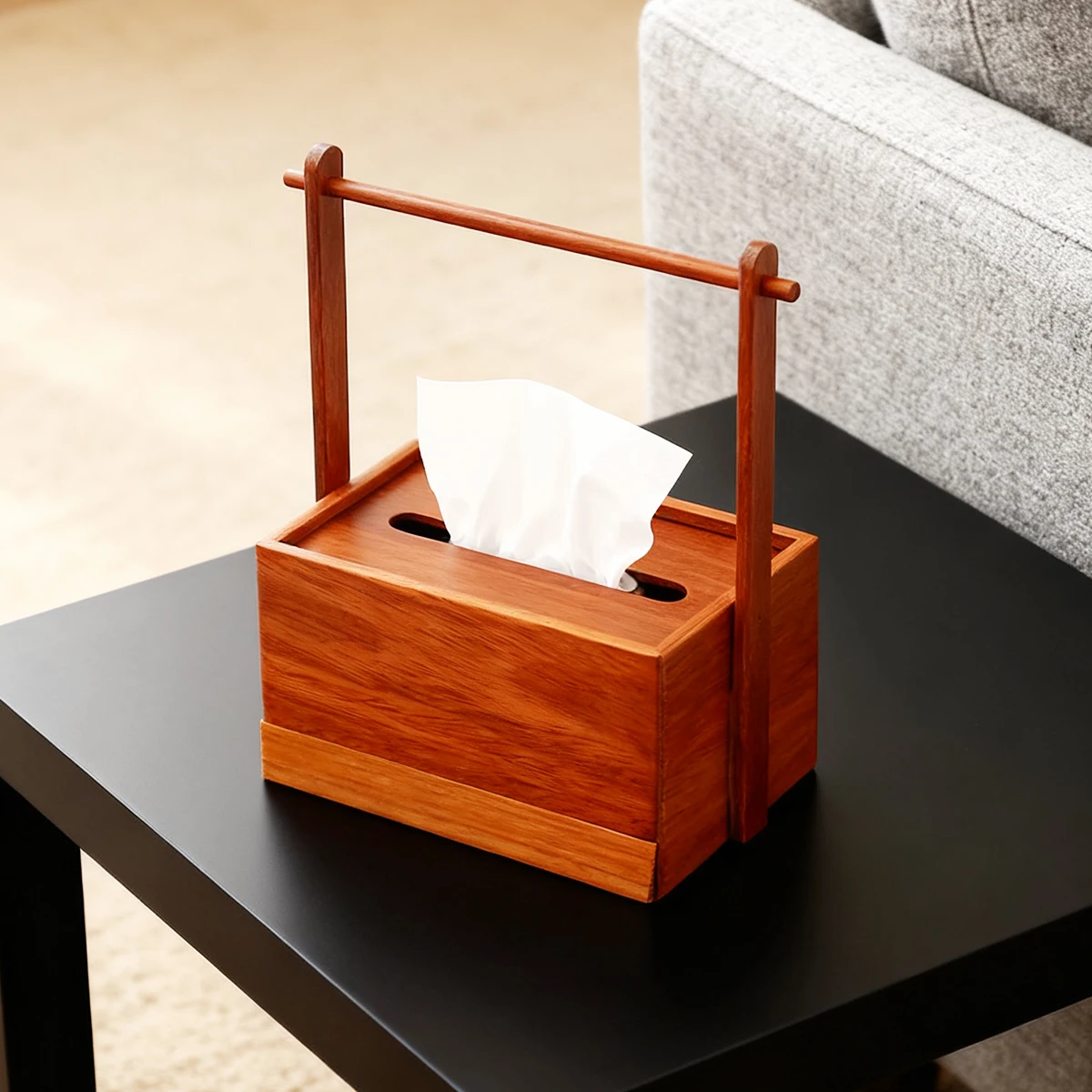 1 قطعة صندوق مناديل قائم بذاته مع مقبض مجوف لغرف النوم وغرف المعيشة والحمامات والفنادق والمكاتب صندوق تخزين المناديل الخشبية