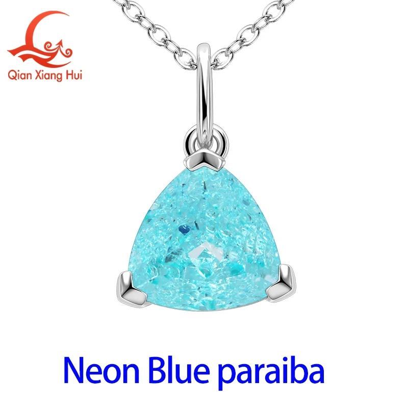 925 Sterling Silver Pendant Necklace Lab Created YAG Paraiba Neon Blue greenish Trillion Fat Triangle 9*9mm Women Jewelry Gift