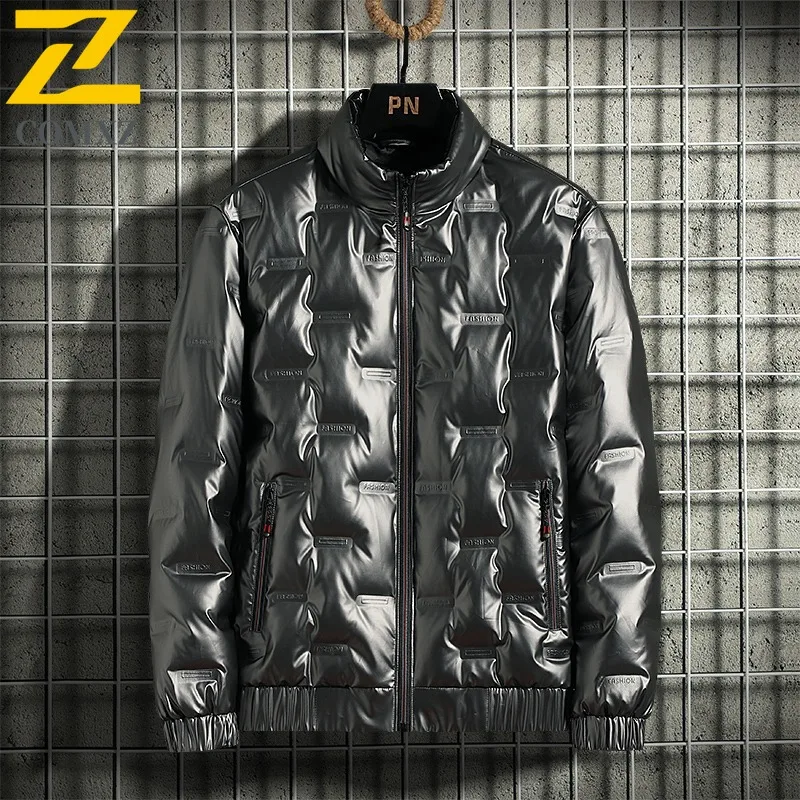 سترة COMXZ الرجالية القصيرة العصرية بياقة واقفة للتنقل والمكتب سترة دافئة لامعة للمشي لمسافات طويلة مريحة معطف شتوي للحماية من البرد