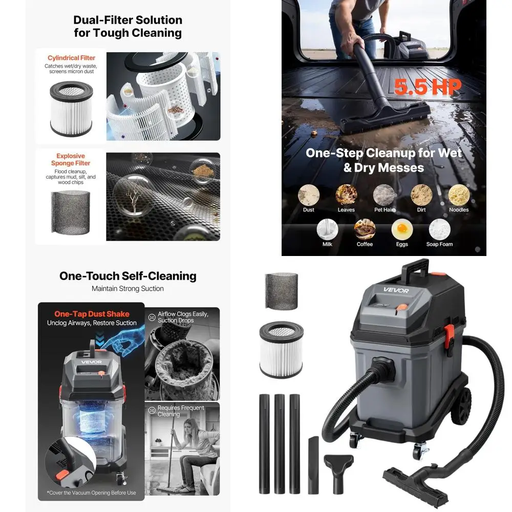 

11 Gallon Industrial Wet/Dry Shop Vacuum, 5.5 HP, Portable with Self-Cleaning, 1350W, 20ft Power Cord