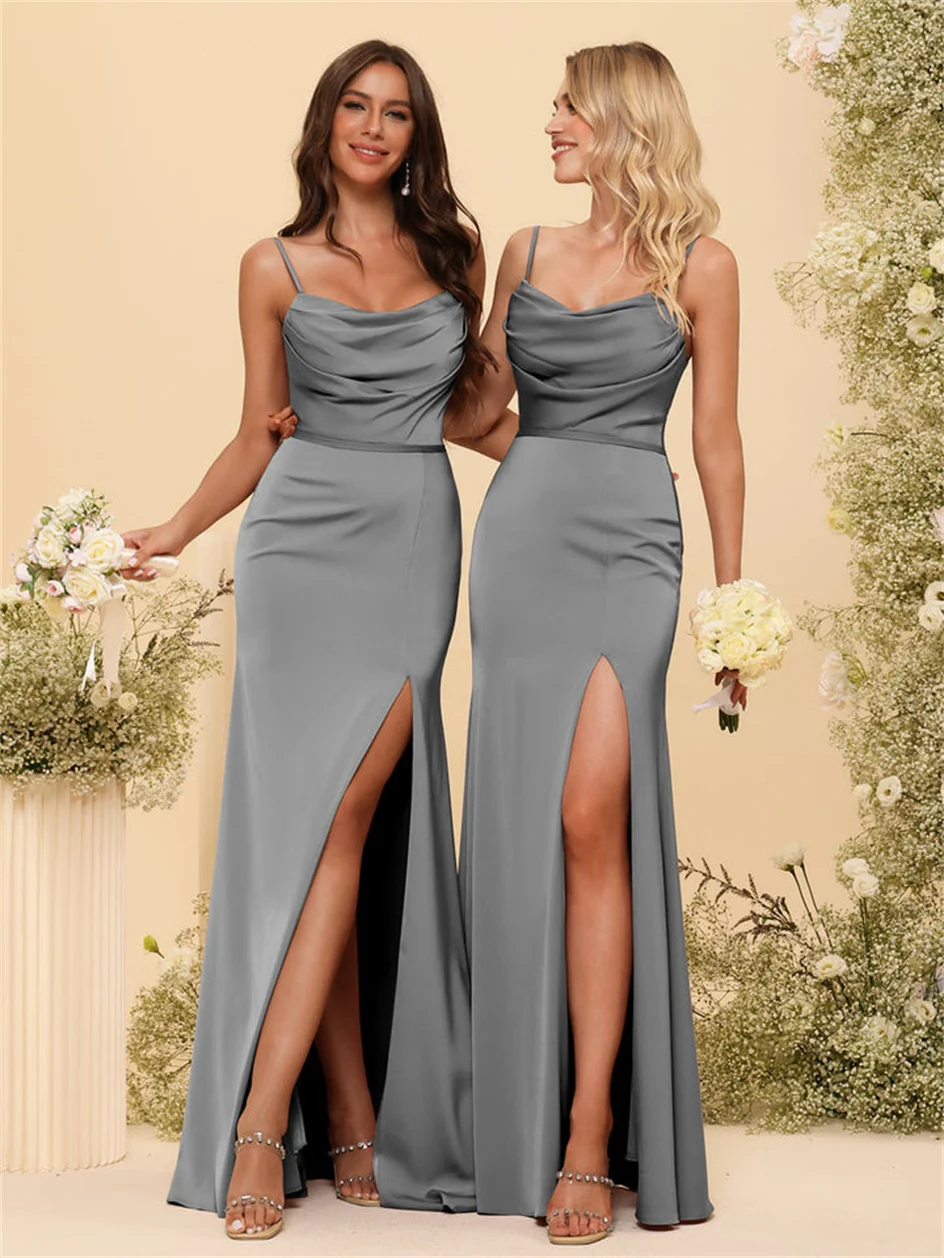 Sheath Spaghetti Straps Satin Bridesmaid Dresses Long Formal Dress With Split Side & Ruched High Silt Formal Wedding Guest Grows