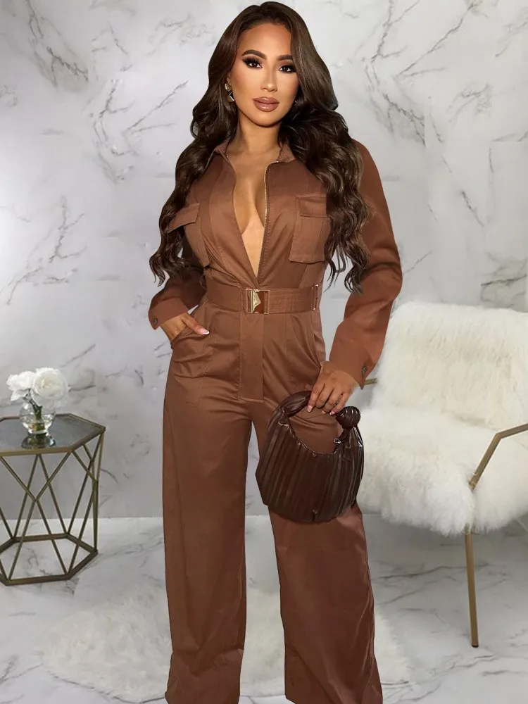 

Solid Women Jumpsuits For Autumn Winter Long Sleeve V-Neck Loose Fashion Streetwear Overalls Wide Leg Pants Trousers 2025