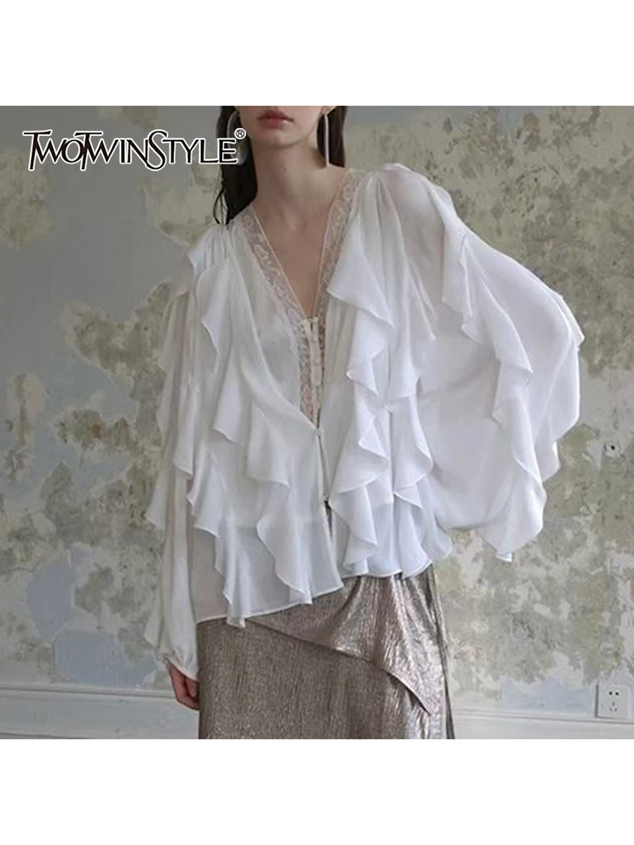 

TWOTWINSTYLE Solid V Neck Two Piece Sets for Women Long Sleeves Spliced Fungal Blouse Lace Patchwork Button Vest Set Female New
