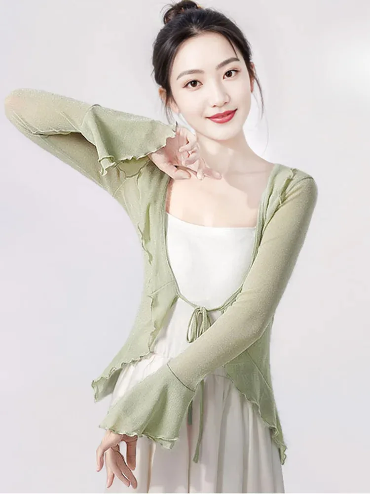 سترة أنيقة ذات لون شبكي وأكمام طويلة مكشكشة، سترة رقص رفيعة لأداء المسرح الحديث