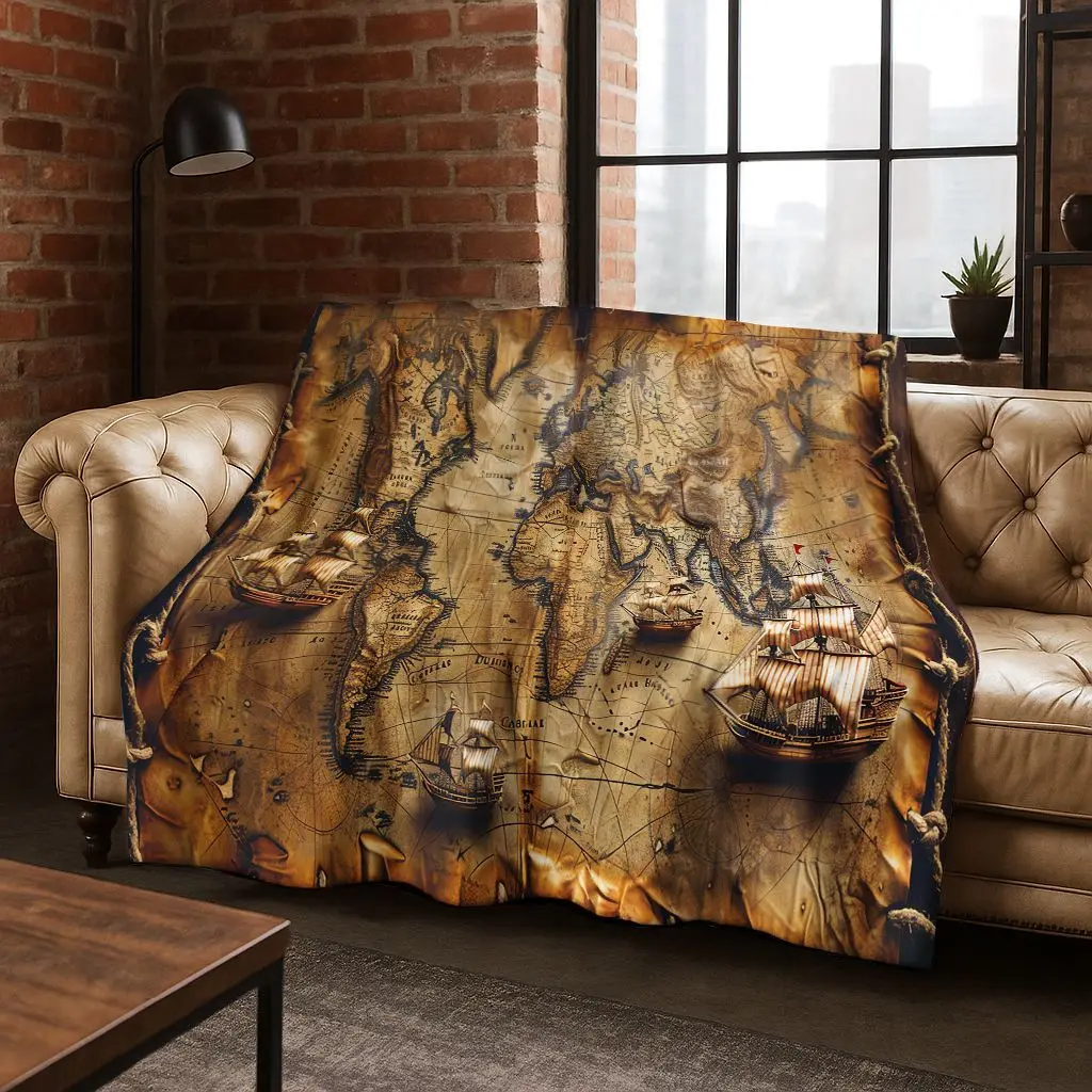 

Retro Nautical Map Chart Treasure Map Compass Flannel Blanket,Cozy Soft Throw Blanket for Home Bedroom Bed Sofa Cover Gift Kids