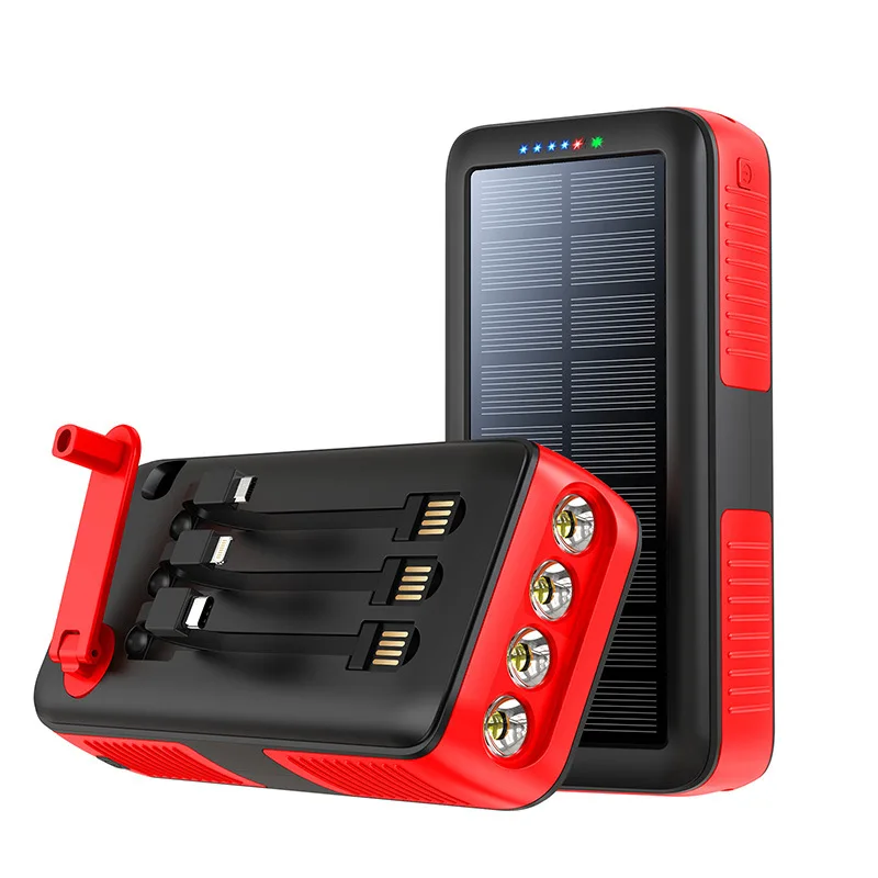 Banque d'alimentation solaire portable, batterie de secours, lampe de poche LED, 3 câbles intégrés, batterie extérieure, 2 ports USB, 50000mAh