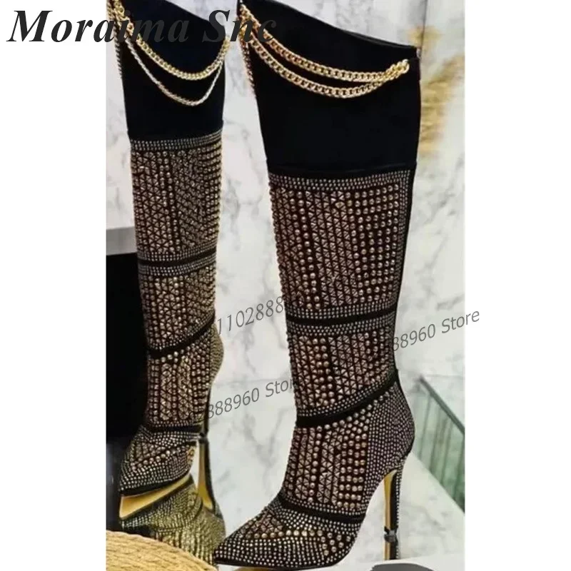

Trending Black Flock Crystal Chain Boots Thin High Heel Women Shoes Back Zipper Pointed Toe 2025 Fashion Zapatos Para Mujere