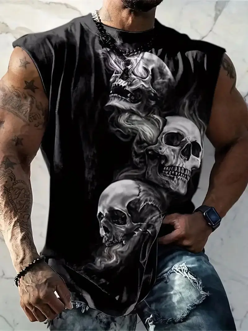 Spring/Summer Cool Men\'s Sleeveless T-shirt 3D Skull Music Symbol Print O-Neck Casual Street Tank Top Polyester Top S-5XL