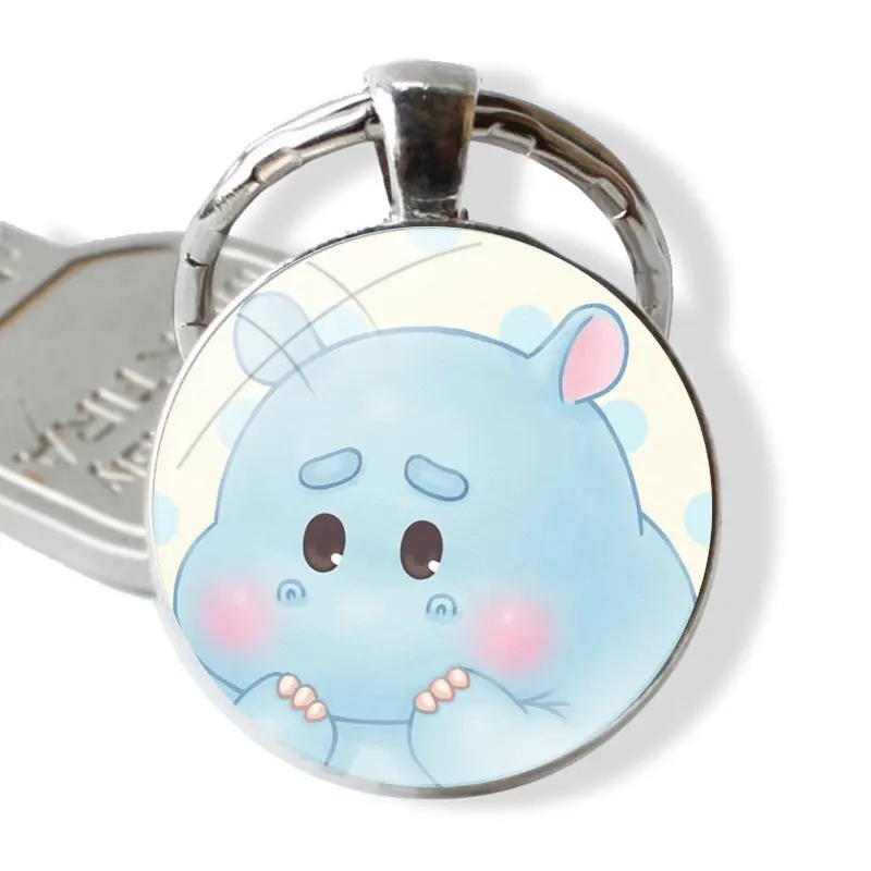 Cute animal cartoon hippo glass cabochon keychain Car key chain Charms keychains Gifts Accessories Phone Cases Covers