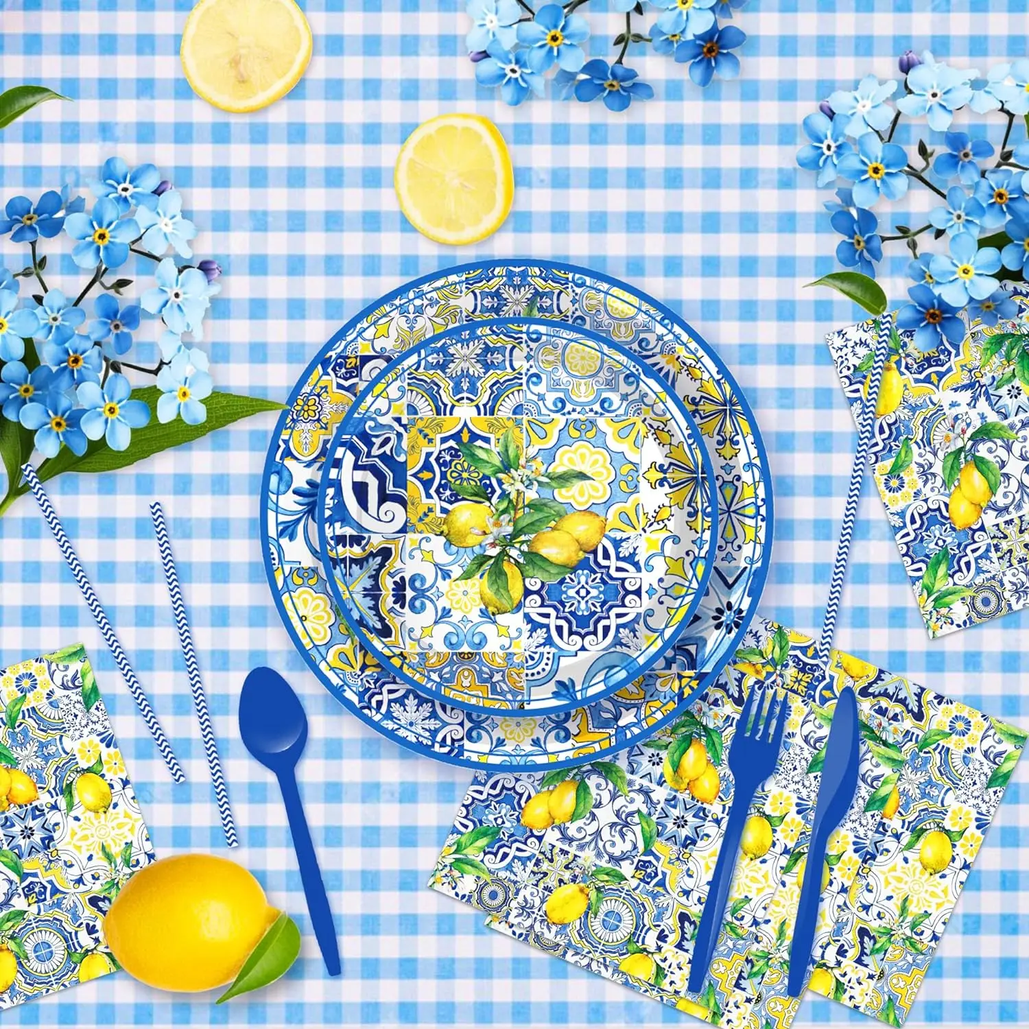 Blue and White Porcelain Lemon Party Supplies Classical Party Plates Napkins Cups Party Decoration Summer Fruit Adults Kids