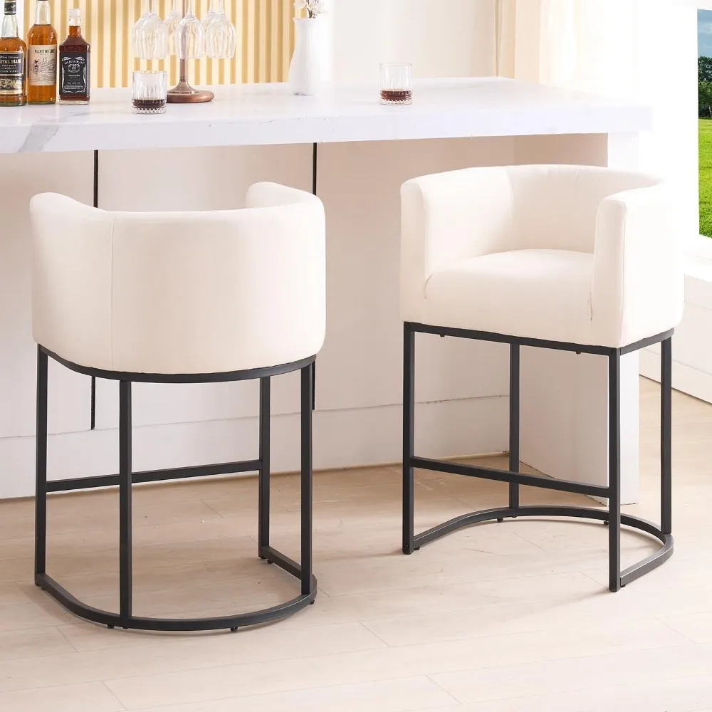 

26" H Counter Height Bar Stools Set of 2, Modern Barrel Counter Stools with Backrest and Arms, Black Metal Frames,Fabric Upholst