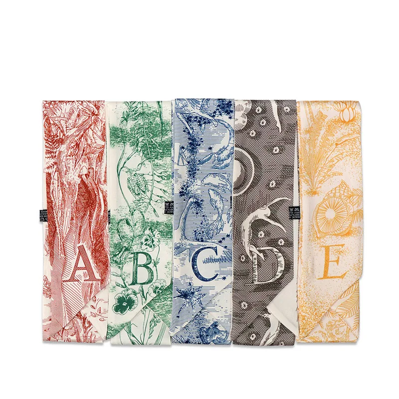 

Весенние новые шелковые шарфы с буквами, женский тонкий шарф в узкую полоску, завязанный лентой, упаковка, женский узкий шарф на запястье