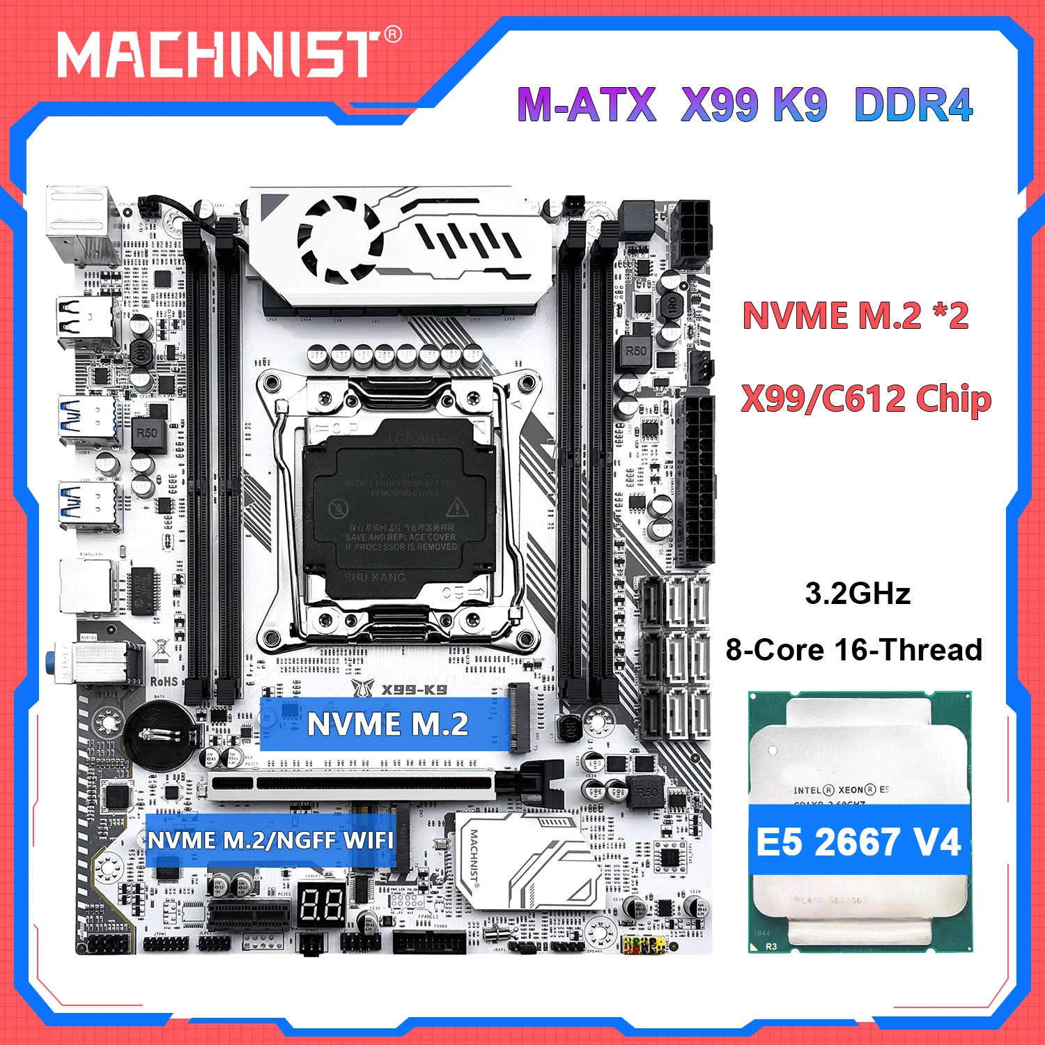Placa base MACHINIST X99 K9 DDR4 RAM, CPU Xeon E5 2697 V4 /E5 2680 V4 opcional, LGA 2011-3, compatible con TPM 2.0, NVME M.2, cuatro canales