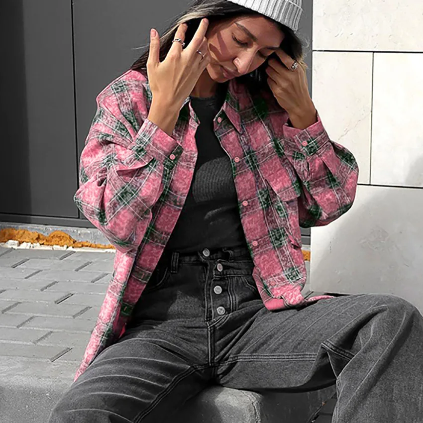 Spring and Autumn American Street Trend Berry Pink Plaid Shirt Retro Niche Loose Medium and Long Stacked Shirt