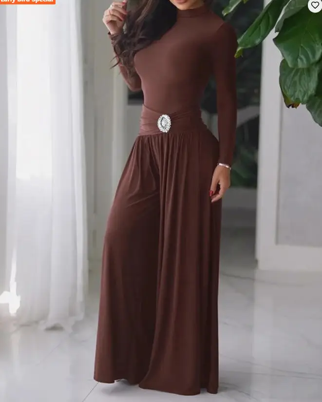 Two Piece Set Women Outfits 2026 Spring New Mock Neck Long Sleeve Slim Bodysuit & Rhinestone Ruched Casual Wide Leg Pants Set