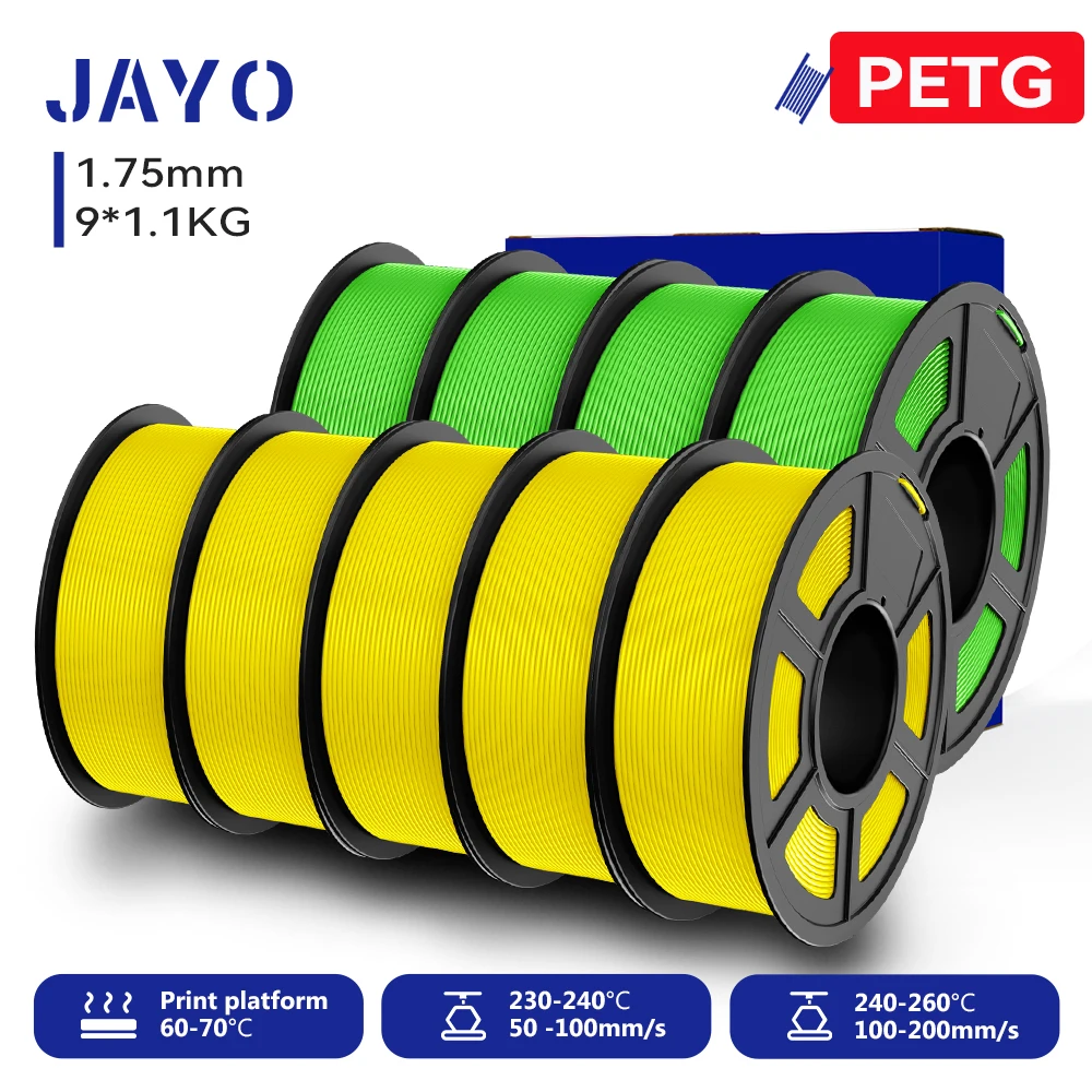 JAYO 9 Rollen 3D PETG/PETG Klares Druckerfilament 1,75 mm ±0,02 mm Hohe Zähigkeit & 100 % ordentlich gewickeltes Filament, passend für 99 % der 3D-FDM-Drucker