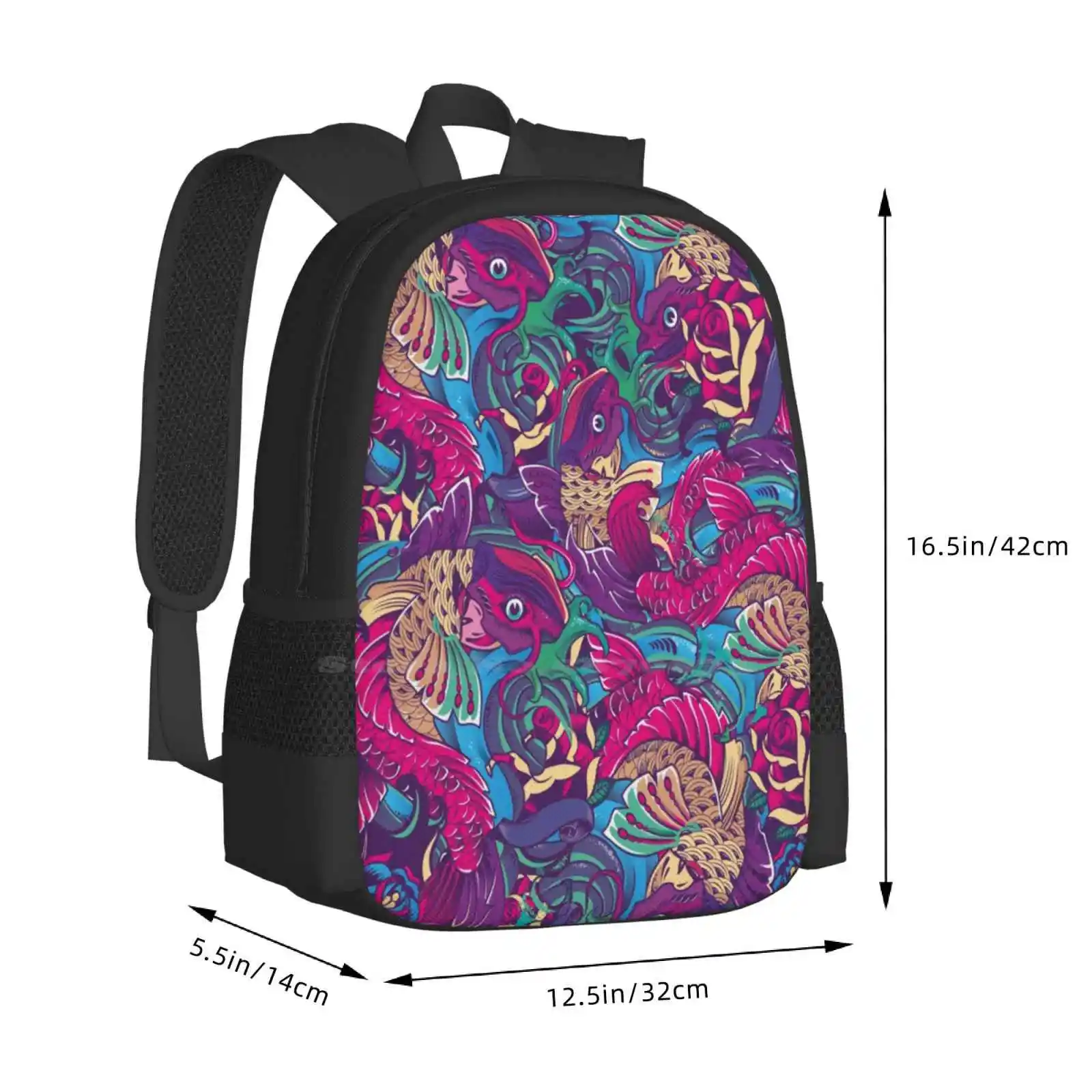 Koi School Bags For Teenage Girls Laptop Travel Bags Koi Fish Tatttoo Animal Colors Vector Pattern