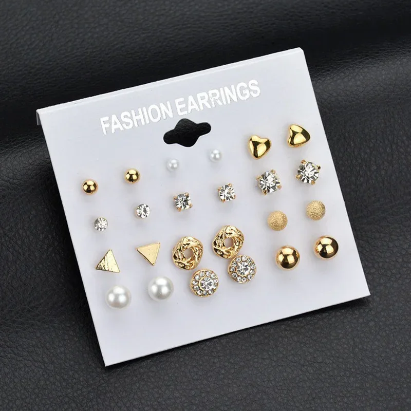 Charmsmic Women Small Heart Crystal Stud Earrings Sets Gold Color Simulated Pearl Geometric Jewelry Gifts For Children