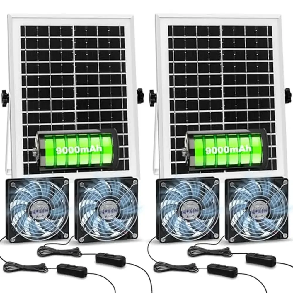 

Solar Powered Fan 20W with Battery 2 Pack Greenhouse Circulation Exhaust/Intake Fans 10Ft Cable Waterproof IP65 Wind Speed