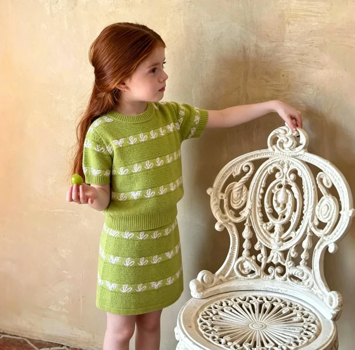 2026 Summer New Girls Jacquard Hollow Out Knitted Top Skirt Set Girls Retro Countryside Style Skirt Two Piece Set