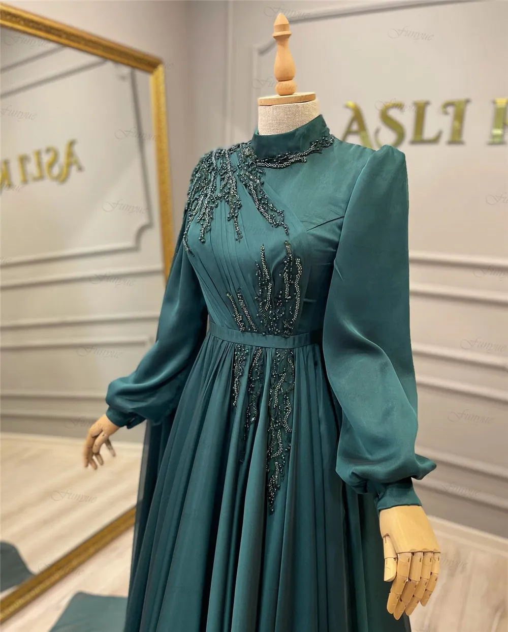 Teal A-Line Long Sleeve Formal Dress Lace Beaded Chiffon Moroccan Caftan Muslim Evening Party Gowns 2022 New