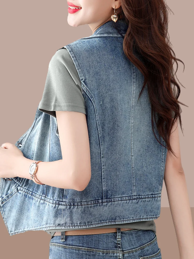 

Sli Large Size Women's Denim Vest Spring Summer New Arrival ort Outerwear Trendy Faion Casual Commute Button Detail