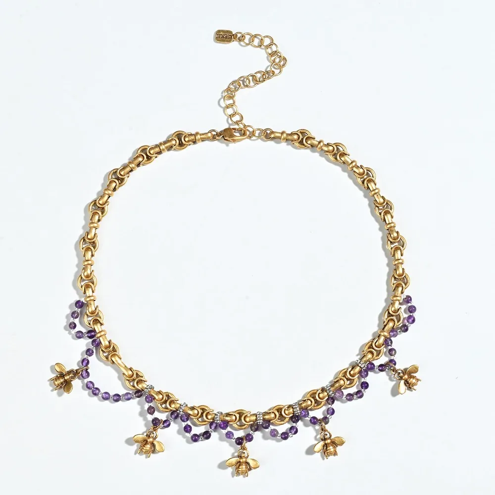 Retro Heavy Industry Clear Rhinestone-encrusted Brass Chain Fashion Middle-aged Vintage Amethyst Stone Bee Pendant Necklace