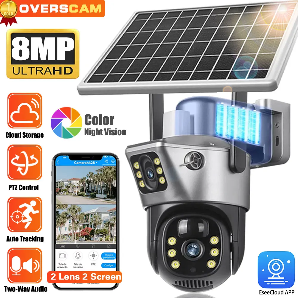 

4K 8MP Dual Lens Solar Outdoor Security WiFi Camera Surveillance Cameras With Solar Panel Auto Tracking PIR Detection PTZ Camera