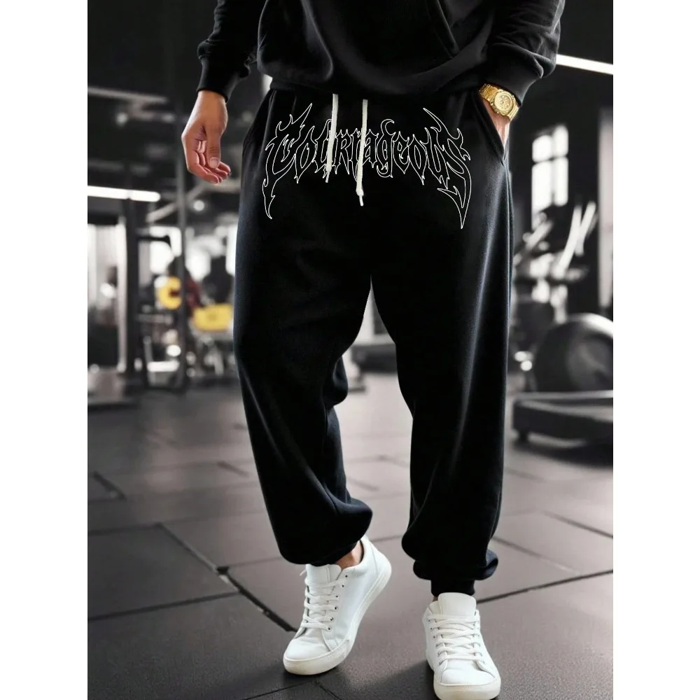 

Men's printed drawstring waist belt pocket casual jogging pants loose fitness clothes sports pants Gothic style fitness pants