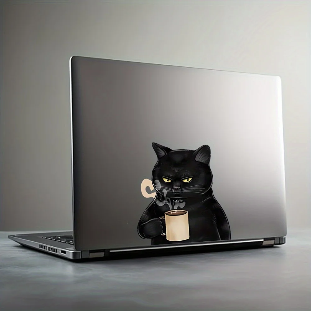 A cute cartoon cat drinking coffee sticker - matte vinyl self-adhesive flower for laptop, home and car decoration