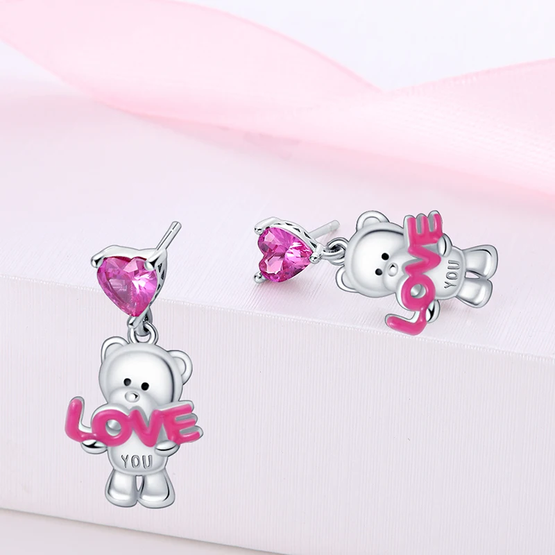Women\'s 925 Silver Teddy Bear Rabbit Donut Pink Theme Sweet Romantic Priginal Design Earrings Engagement Party Exquisite Jewelry