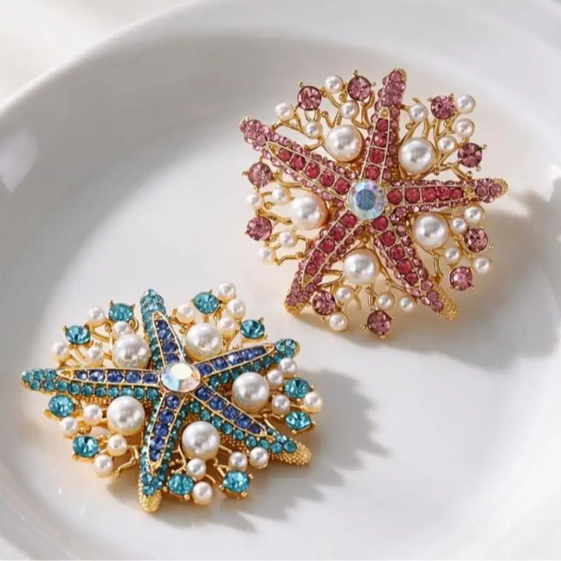 Sparkly Rhinestone Faux Pearl Starfish Brooch Set Gold Plated For Wedding Party Daily Wear