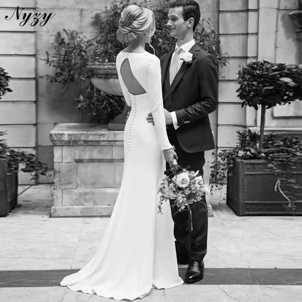 NYZY Атласные простые свадебные платья-футляры по индивидуальному заказу 2026, элегантное свадебное платье с длинными рукавами и открытой спиной, платья невесты длиной до пола