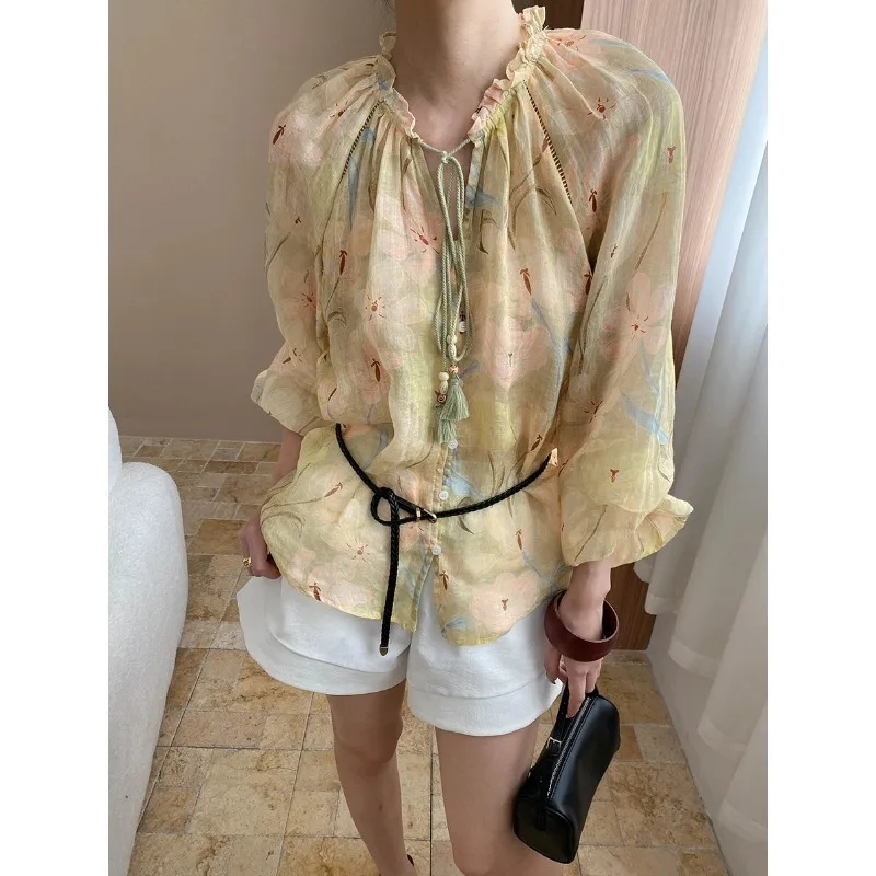 

Women Floral Print Ruffle Blouse Summer 100% Linen Tassel Tied-up V-neck Thin Long Sleeve Shirt Tops