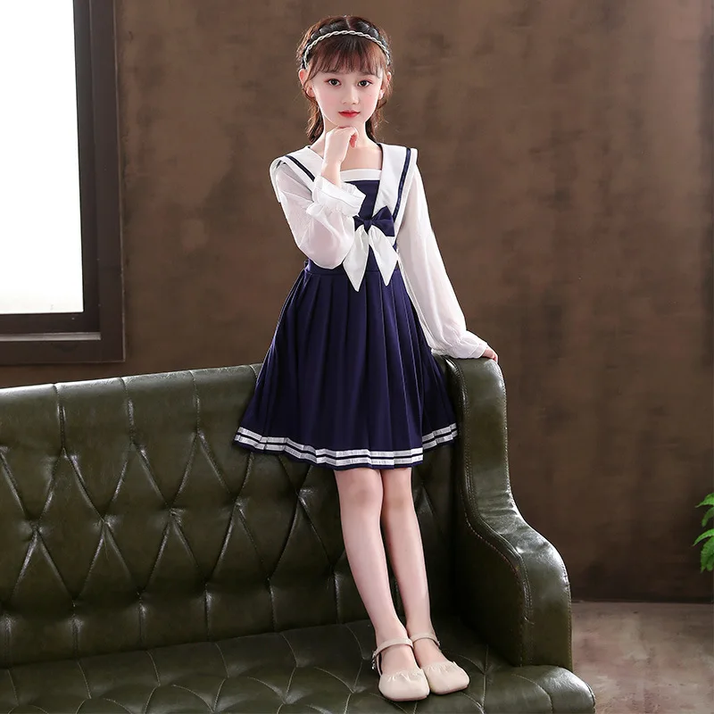 Girls Autumn Retro Red Sailor Collar Dresses Kids Fluffy Sweet Lovely Princess Skirt Children Party Evening Performance Vestido