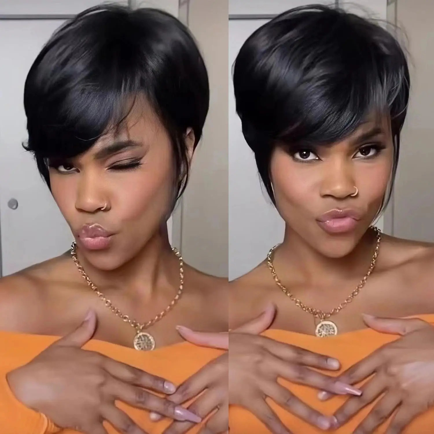 Natural Black Short Pixie Cut Wigs for Black Women Curly Hair Replacement Short Black Layered Wavy Wigs With Bangs (Natural Blac