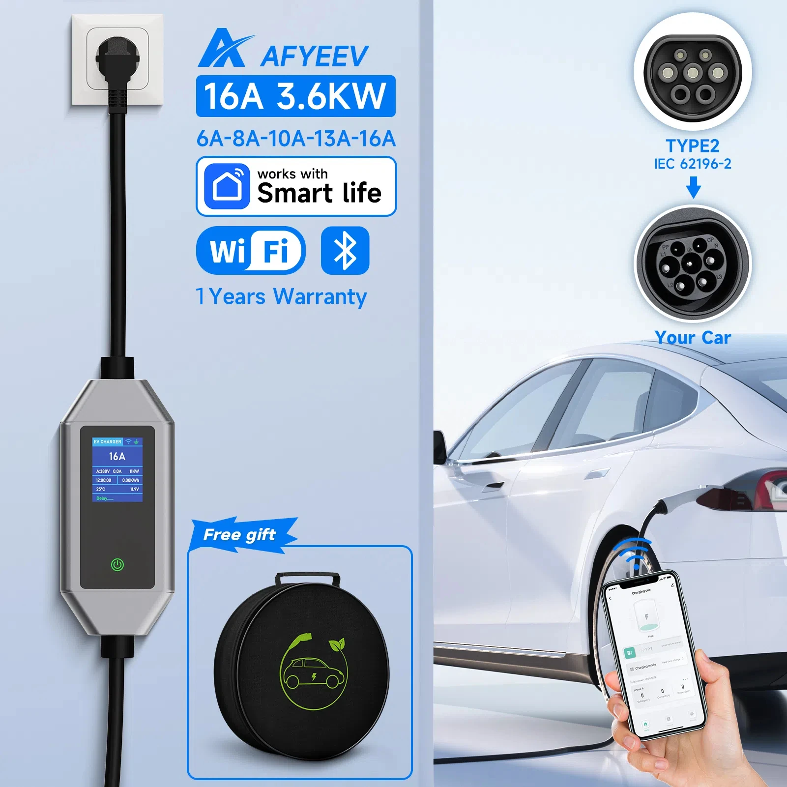 AFYEEV 3.6KW 16A Type 2 EV Charger Type1 GB/T EVSE Charging 3.5m Cable EU Plug WiFi Bluetooth APP Remote Control Single phase