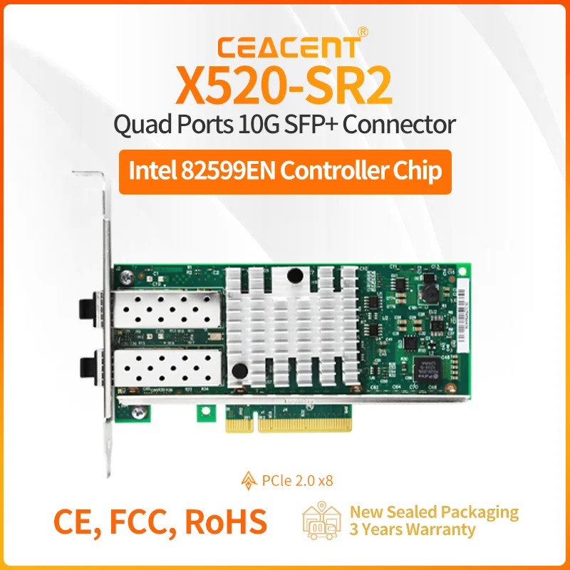 Intel 82599ES Chipset X520-SR2/CC8599-F2 PCIe 2.0 X8 10/1Gb NIC Card 2 Port SFP+ with 10G Multimode SFP+ Transceiver