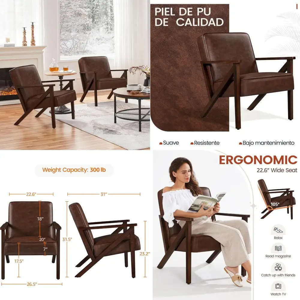 Modern PU Leather Retro Accent Chair with Wooden Frame for Living Room, Lounge, Office, and Reception Areas
