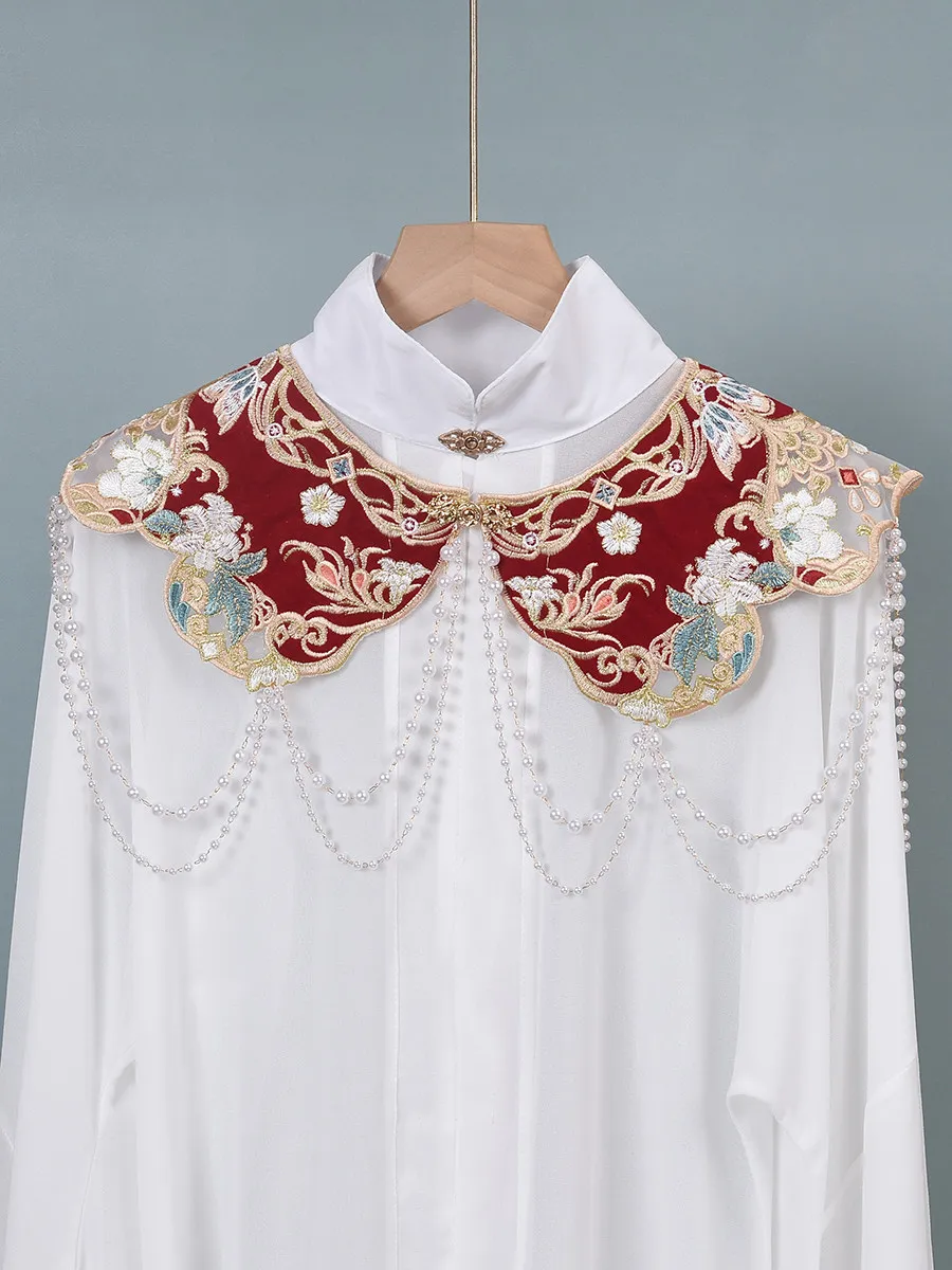 Beaded Red Cloud Collar, Chinese Vintage Embroidered False Collar with Pearl Tassel, Detachable Shoulder Cape, Wedding Accessory view 5