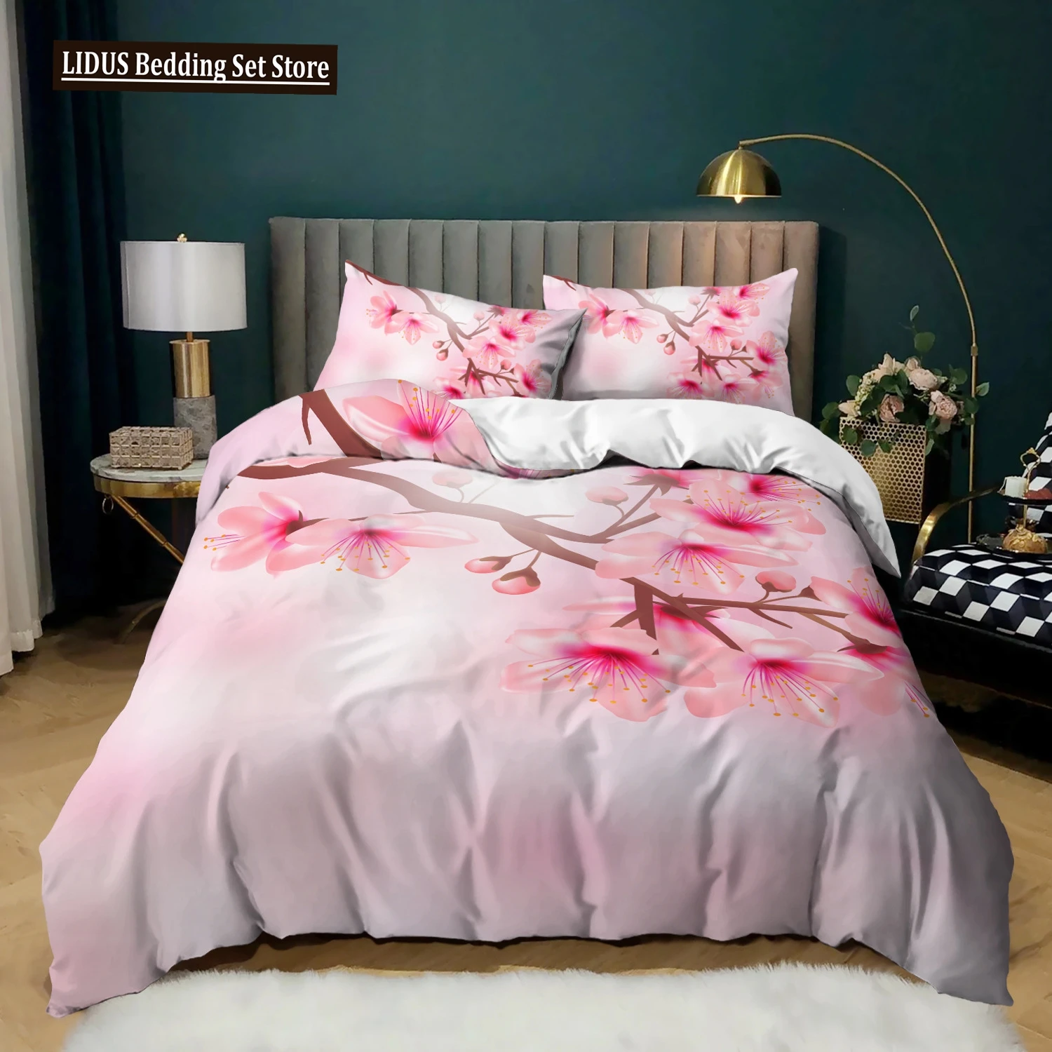 Plum Blossom Duvet Cover Set King Pink Flower Quilt Cover For Girls Microfiber Branches Printed Japanese Ink Style Bedding Set