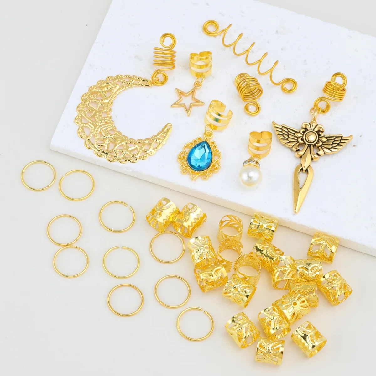 

Vintage Metal Braid Hair Rings Set Star Moon Wing Pearl Blue Rhinestone Dreadlock Accessory Findings