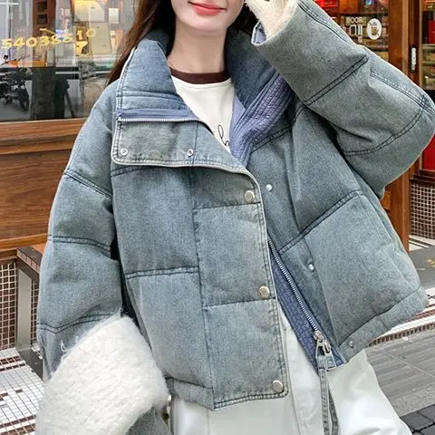 

2025 Autumn and Winter Vintage Stand Up Collar Denim Cotton Jacket for Women, Short, Small, Thick and Warm