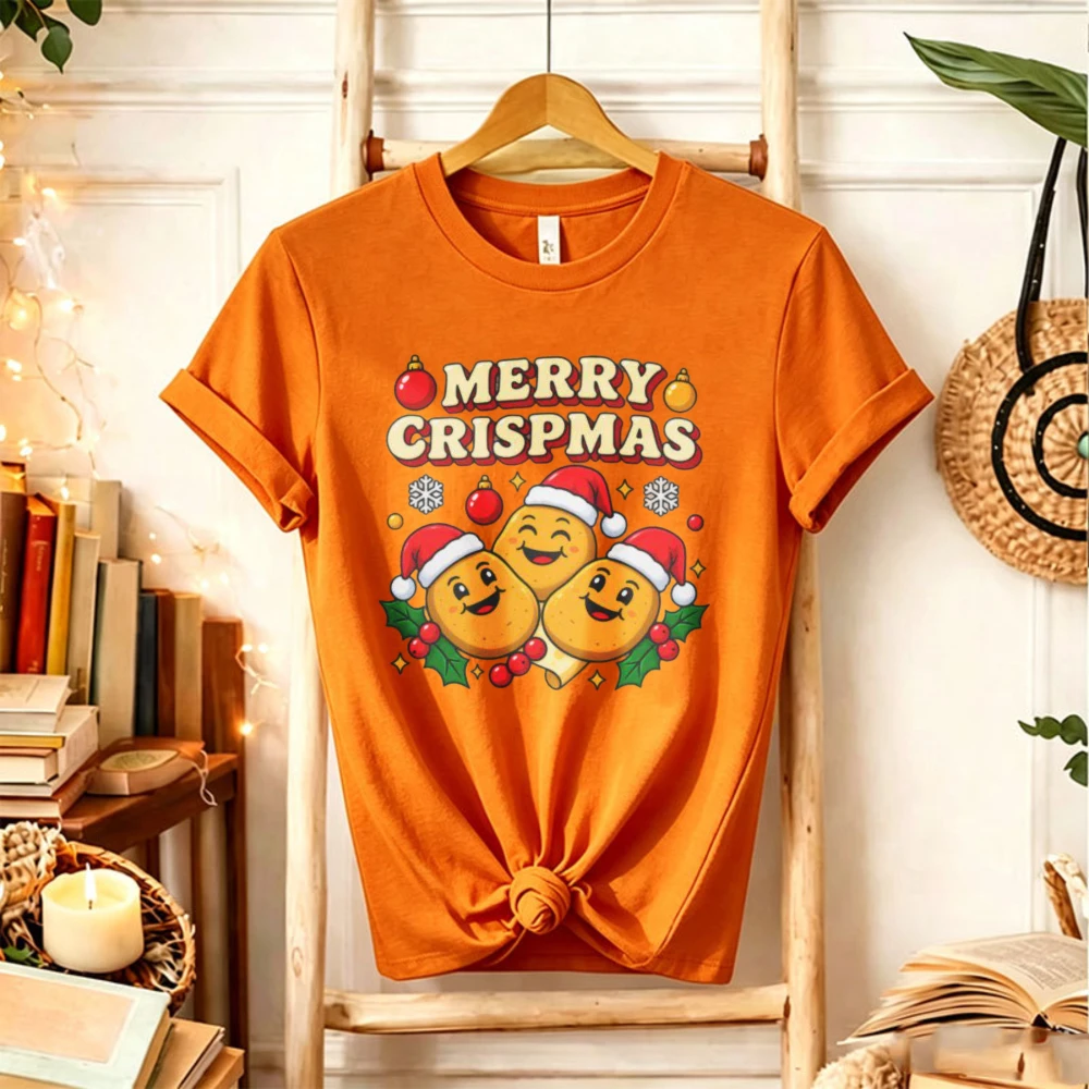 Merry Crispmas T‑Shirt Cute Cartoon Potato with Santa Hat Holly Berry Christmas Bauble Snowflake Xmas Food Slogan Holiday Tops