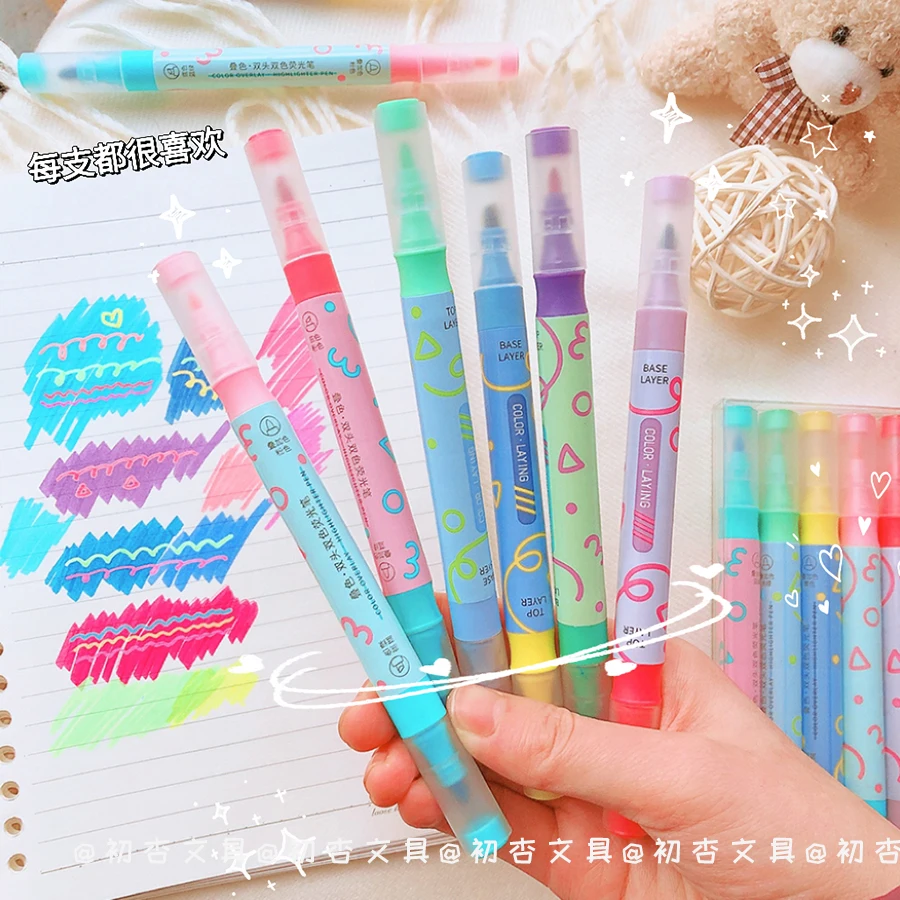 Imagem -04 - Double-ended Magic Color Stacking Highlighter Pen Grupo Artigos de Papelaria Estética Itens Escolares Pcs