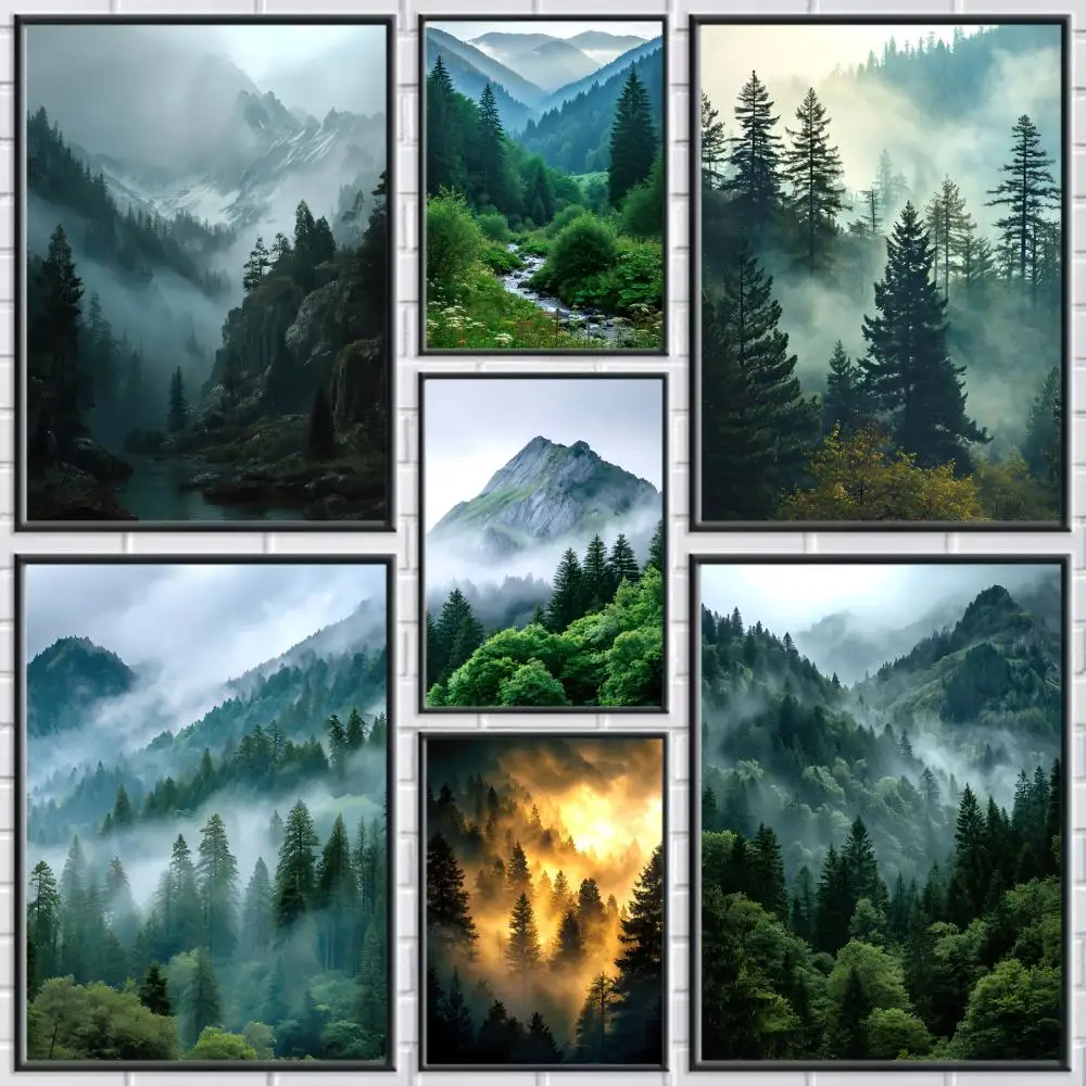 Misty Mountainside Poster Modern and Elegant Wall Stickers for Home Decor Living Room Dormitory Wall Art