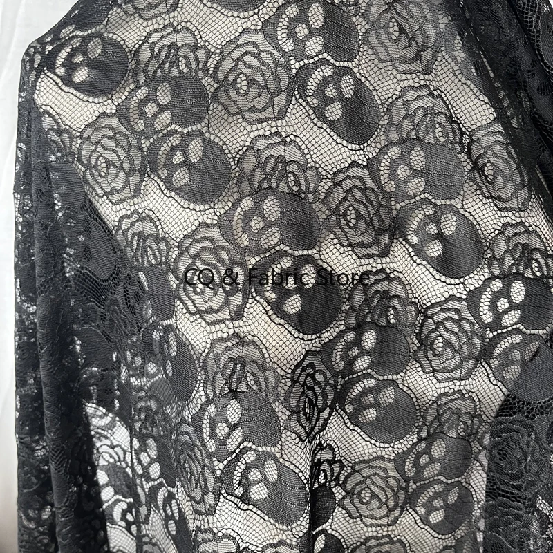Sexy Black and White Skull Lace Fabric Hollow Out Mesh Non-stretch Apparel Dress Bridal Accessory By The Meter