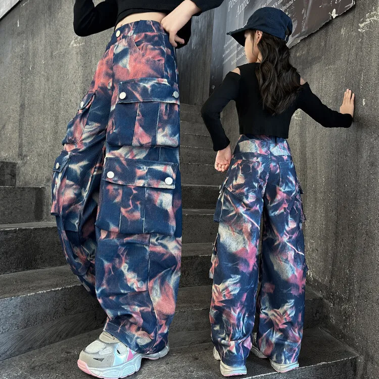 

Окрашенные в галстук брюки для девочек, новинка 2025, осень, повседневные широкие брюки для тяжелой промышленности, окрашенные в галстук, модные крутые длинные брюки-карго для подростков